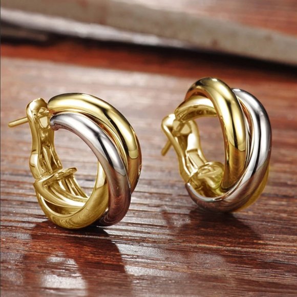 18K Gold & Silver Womens Two Tone Small Braided Twisted Hoop Earrings Jewelry - Picture 1 of 5